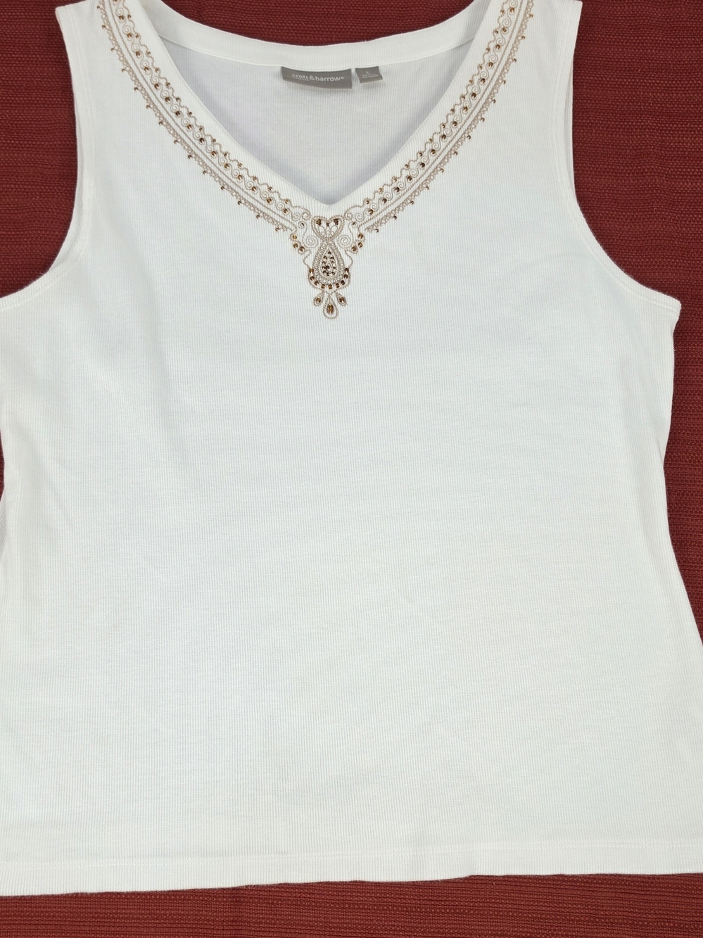 croft & barrow White Tank with Gold Embroidered V-Neck Detail